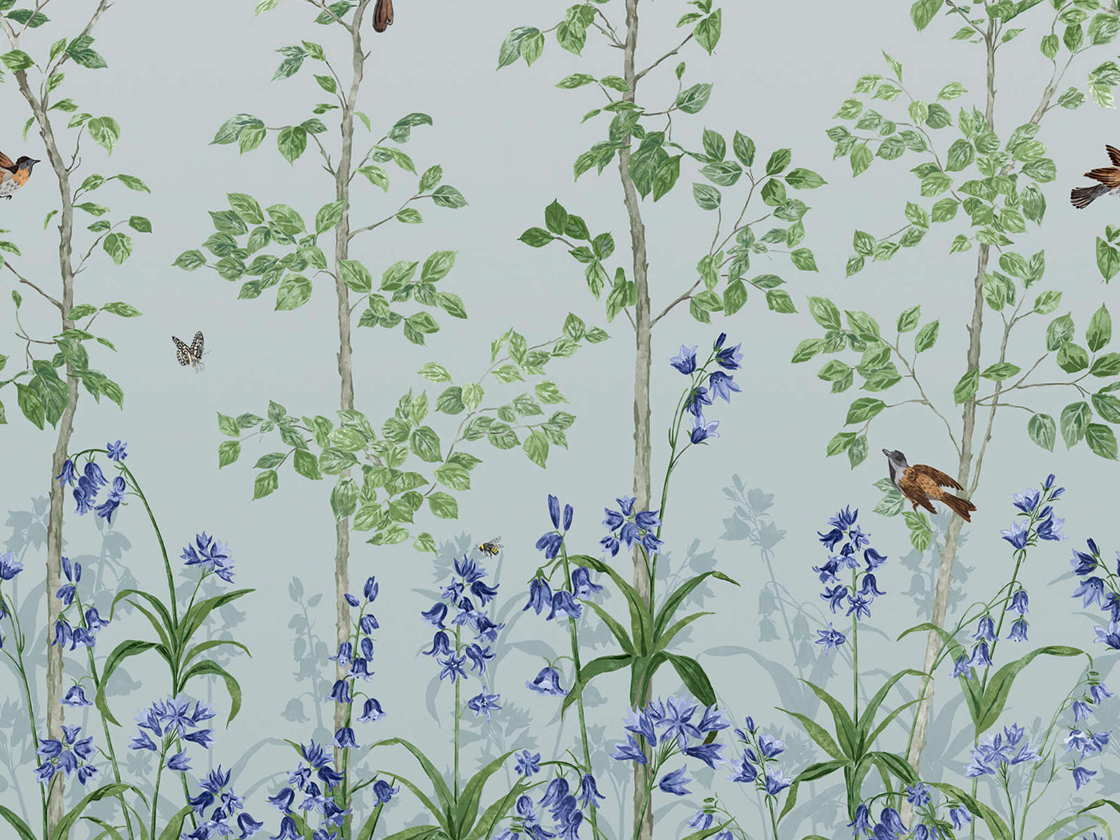 Little Greene Behang National Trust Papers III Bird & Bluebell - Celestial Blue