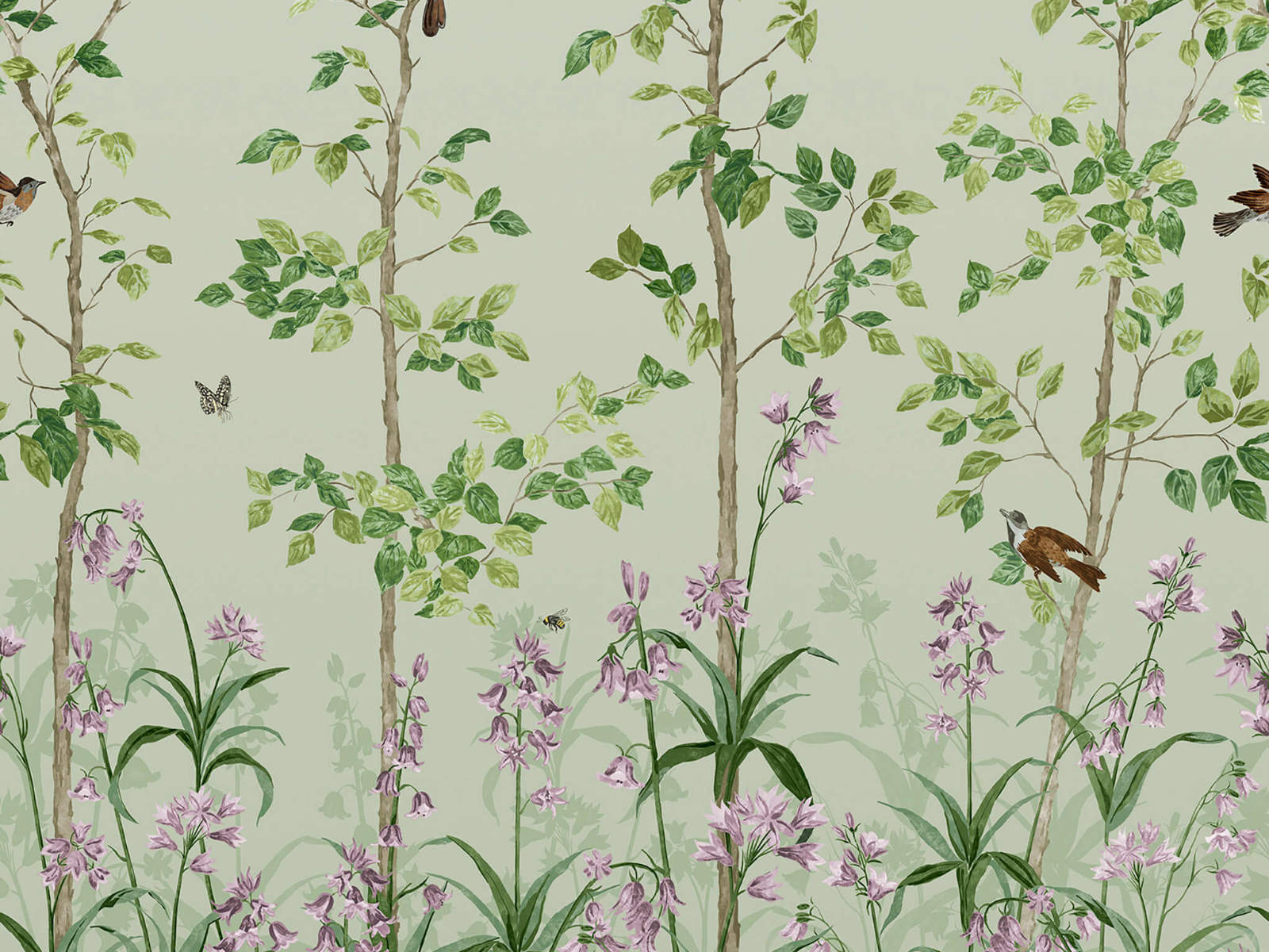 Little Greene Behang National Trust Papers III Bird & Bluebell - Pea Green