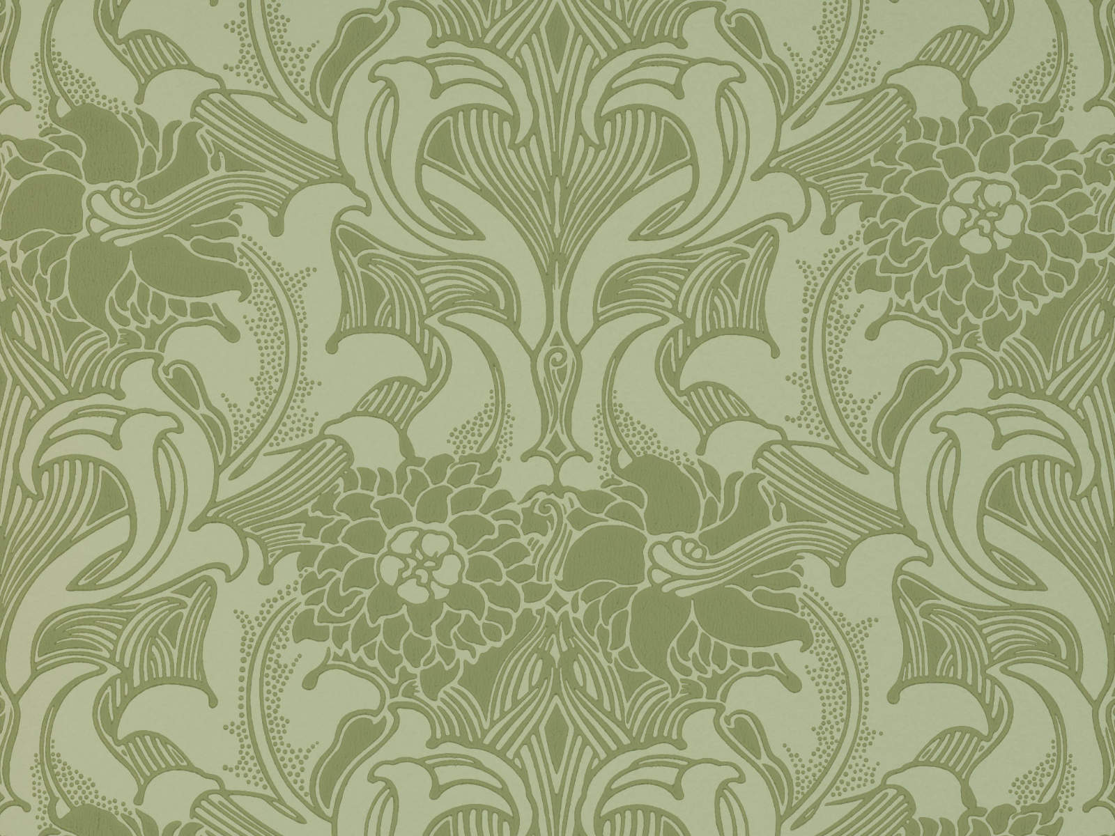 Little Greene Behang National Trust Papers III Dhalia Scroll - Pea Green